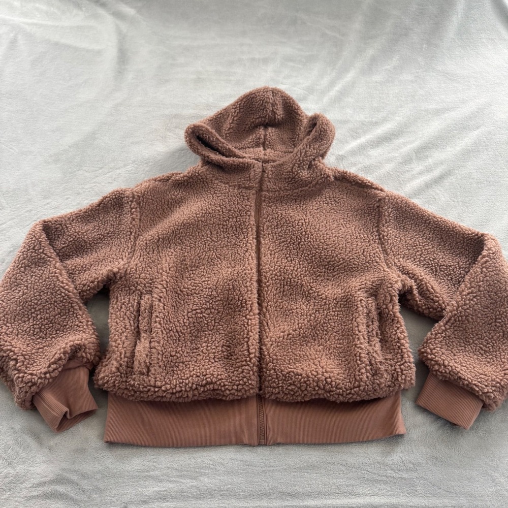 Fabletics‎ Women's XL Teddy Sherpa Full Zip Hoodie Mauve Brown Fleece Jacket EUC